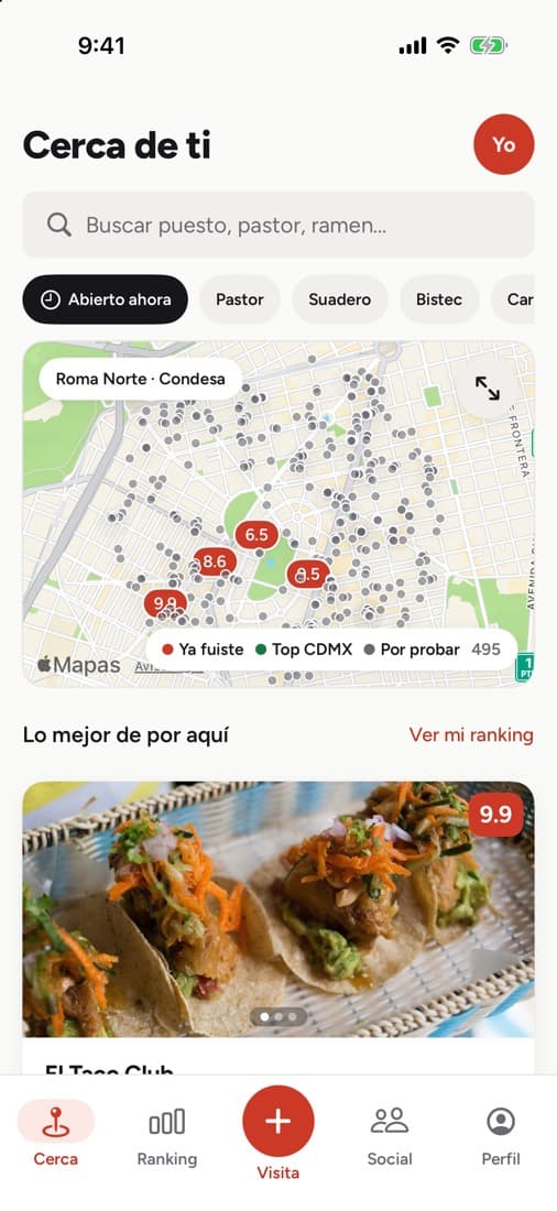 Mapa de Cerca de ti con los puestos y sus puntajes
