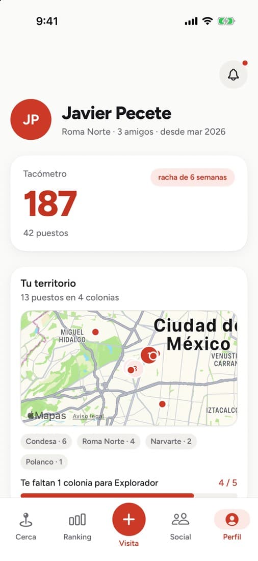 Perfil con el Tacómetro, la racha y el mapa de colonias visitadas